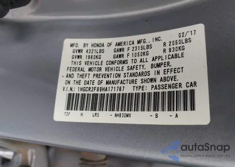 2017 Honda Accord Ex-L из США, поврежденный, VIN 1HGCR2F89HA171767